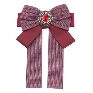 Bow Ties Striped Pre-Tied Long Tail Ribbon Brooch Pin Fashion Red